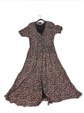 VTG LILLIAN LOROW Maxi Dress Floral Gauzy Cotton Black Red XL Whimsigoth